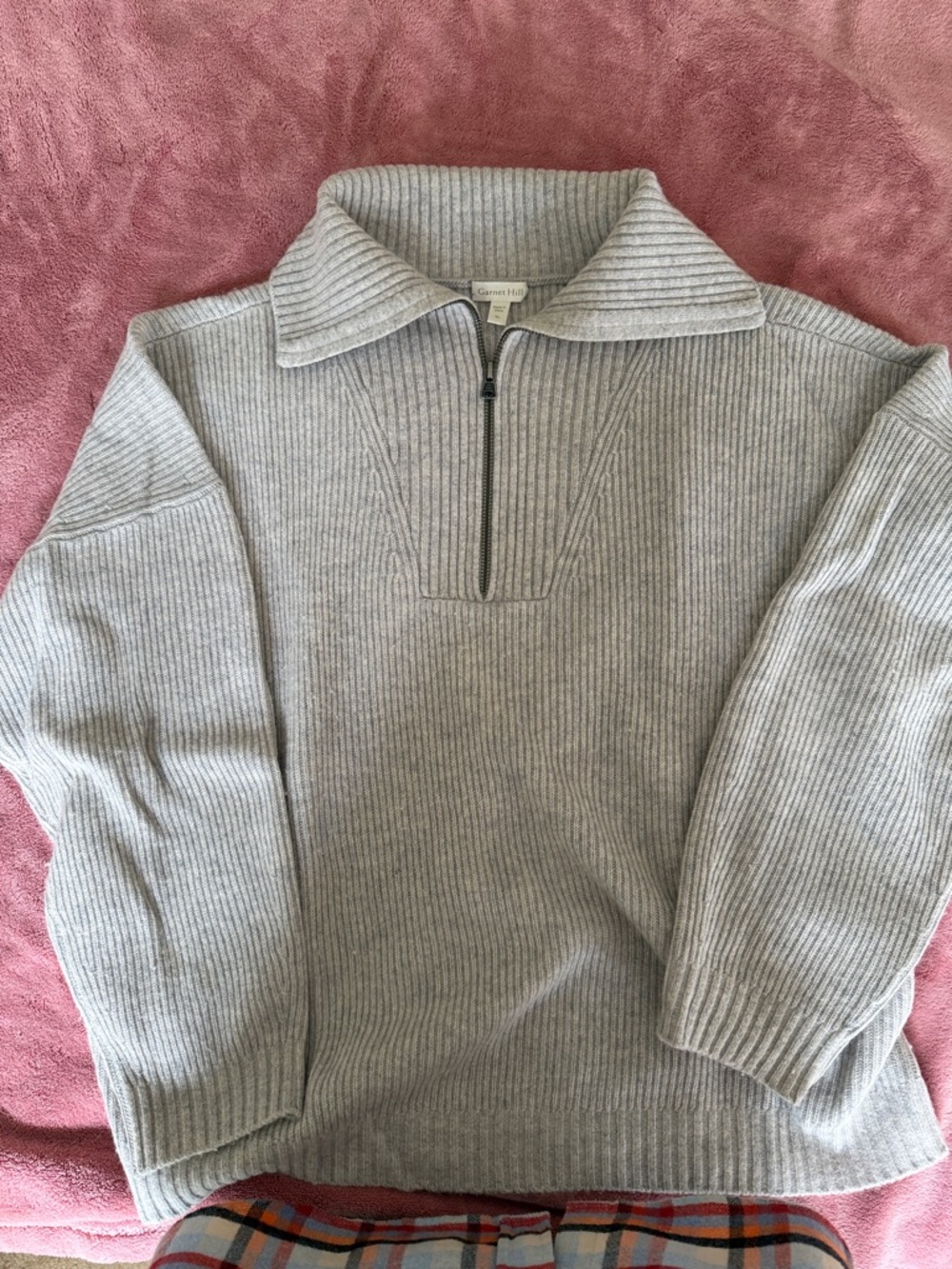 Garnet Hill Cashmere Light Gray Ribbed Half-Zip Pullover - Picture 5 of 7